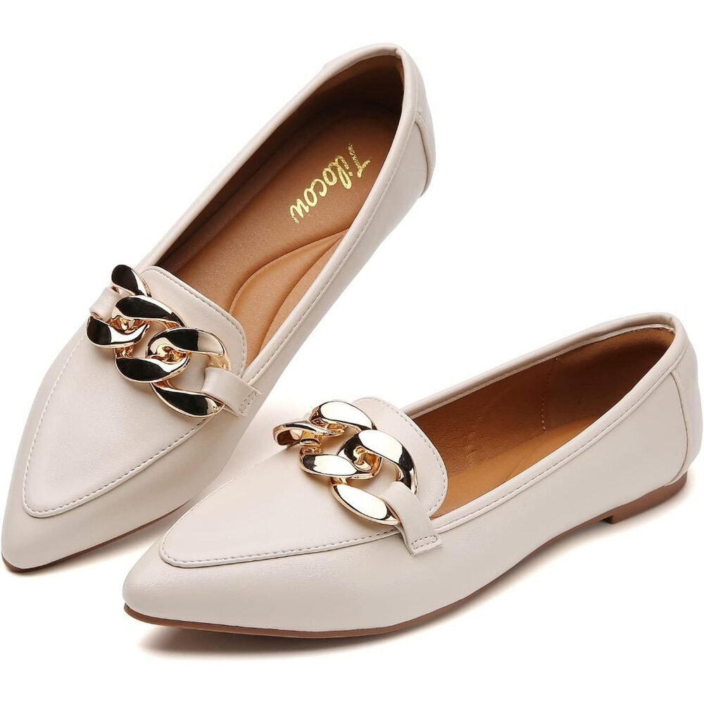 Women's Cream Buckle Chain Slip On Pointed Toe Stylish Flats Loafers Shoes